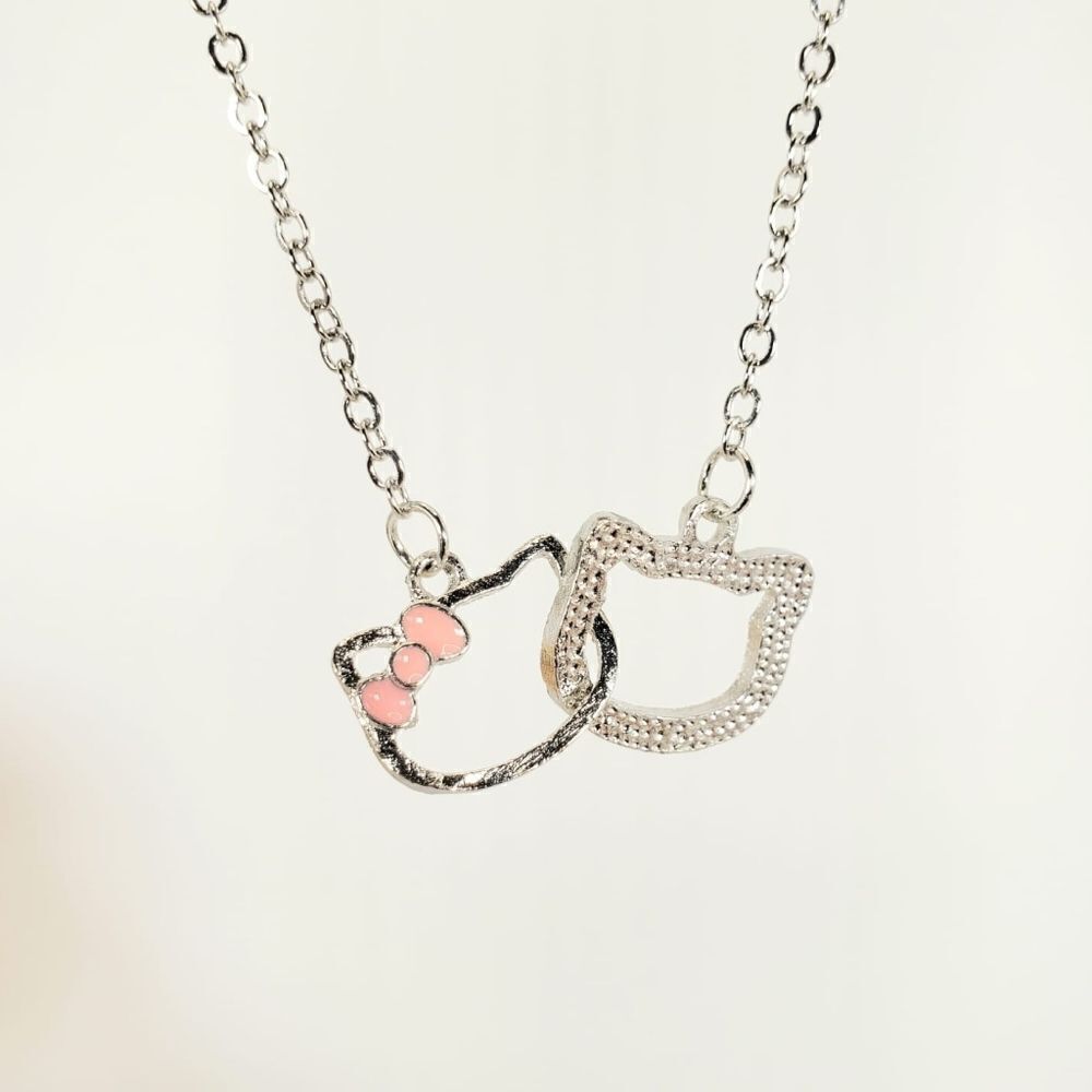 Brand New Double Hello Kitty Silver Rhinestone Necklace With Pink Ribbon
